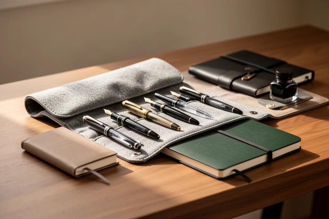 Trousse de stylos plume ouverte sur un bureau avec les stylos disposés à côté