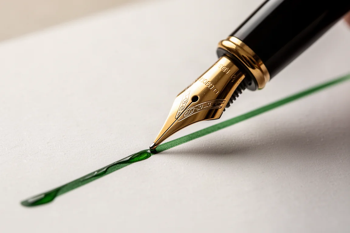 Gros plan sur une plume en or d'un stylo plume avec une ligne d'écriture verte encrée