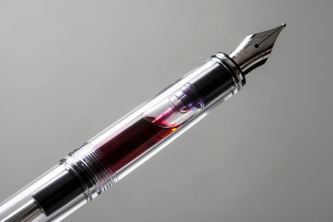 Stylo plume demonstrateur translucide montrant l'encre qui bouge dans le réservoir