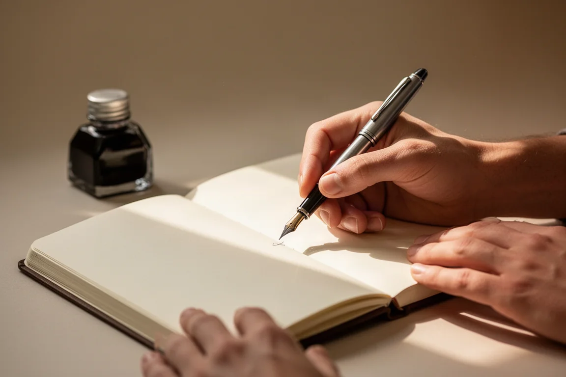 Personne tenant un journal près d'une fenêtre ensoleillée avec un stylo plume