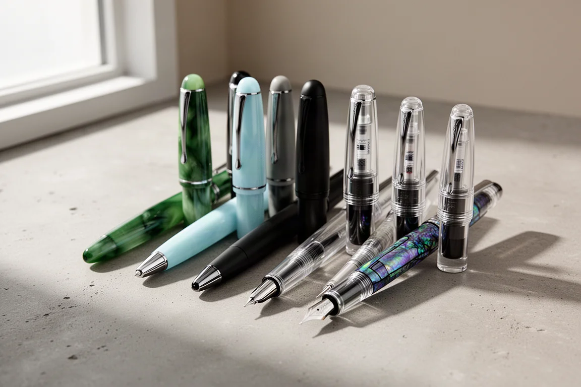 Eight fountain pens in varied finishes arranged in a row on concrete