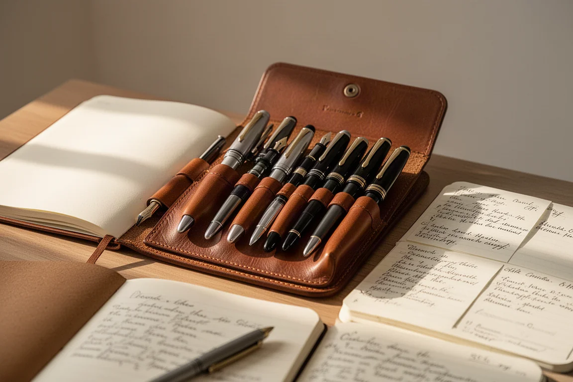 Estuche de cuero para plumas con una fila de estilográficas junto a un cuaderno en un escritorio