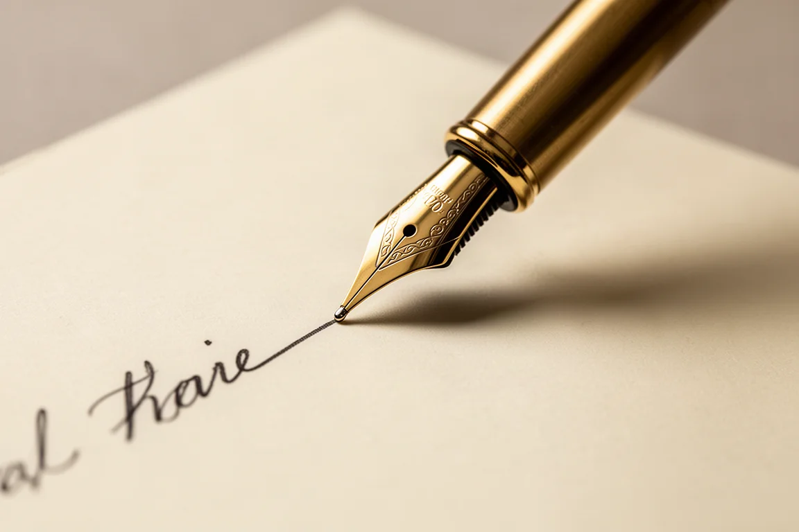 Primer plano de la pluma de una estilográfica escribiendo sobre papel de cuaderno color crema