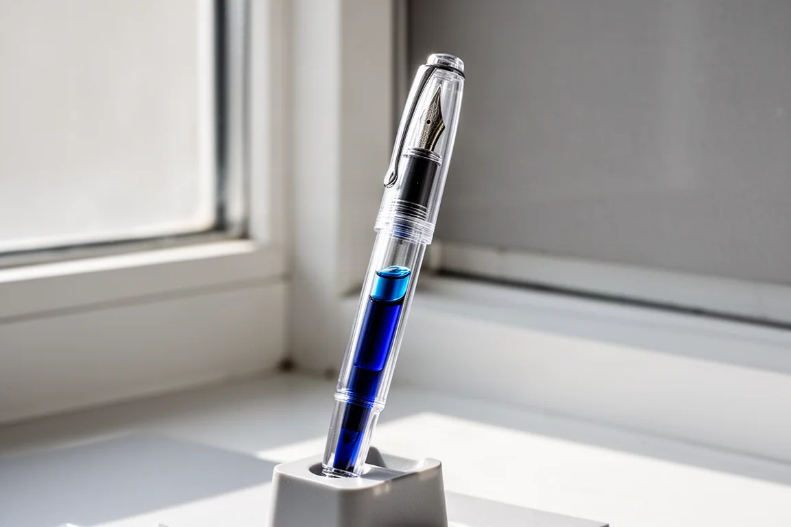 Transparenter Demonstrator-Füllfederhalter mit blauer Tinte gefüllt, gegen das Fensterlicht gehalten