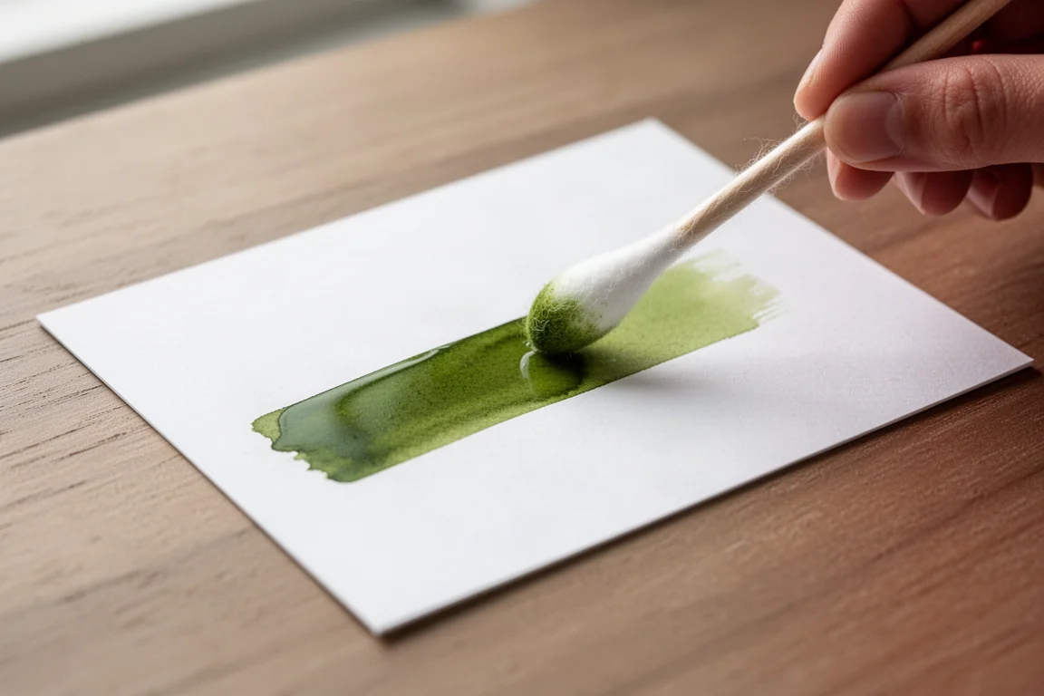 Cotton swab drawing a green ink swatch onto a white paper swatch card