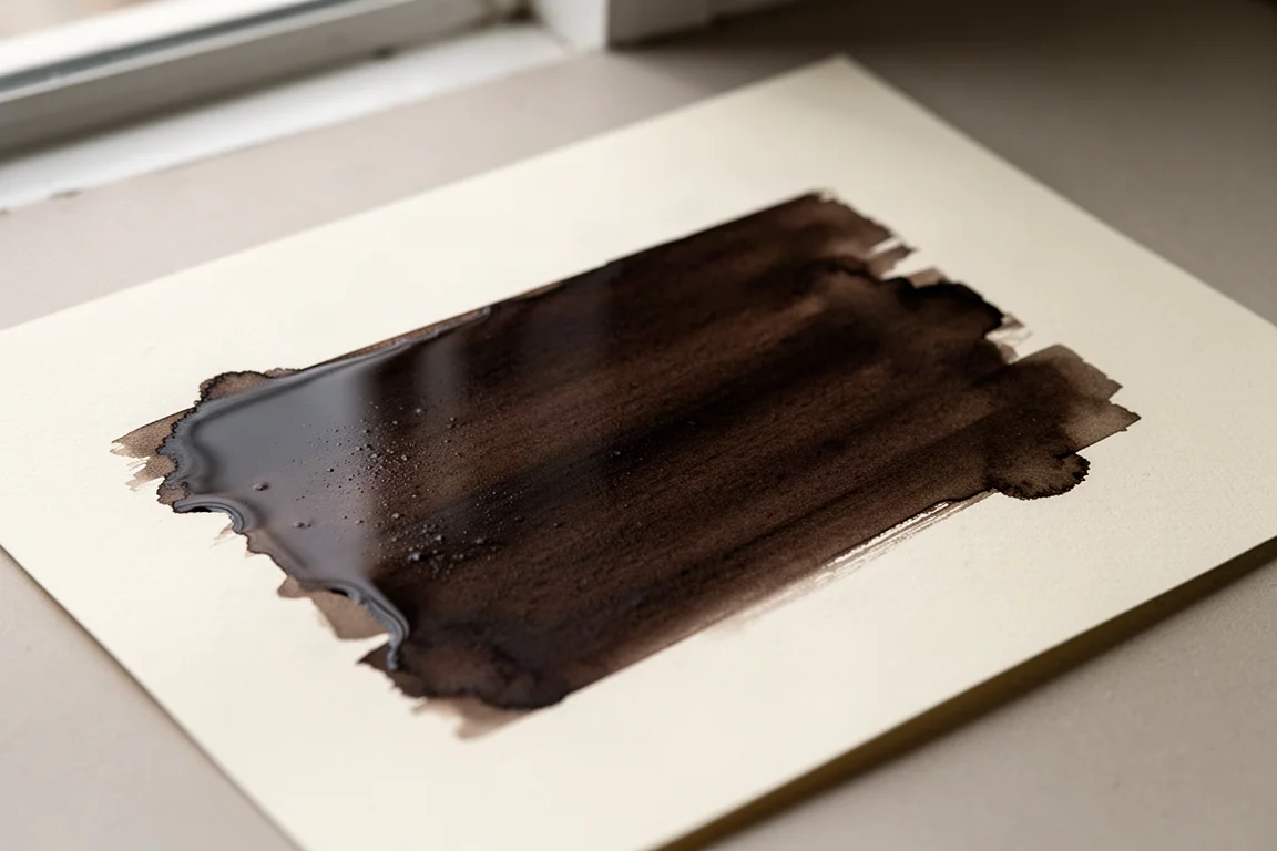 Deep sepia brown ink swatch drying on fountain pen friendly paper
