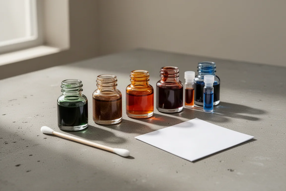 Sechs Tintenflaschen und Fläschchen mit grüner, sepiafarbener, oranger, brauner und blauer Tinte auf einer Betonoberfläche