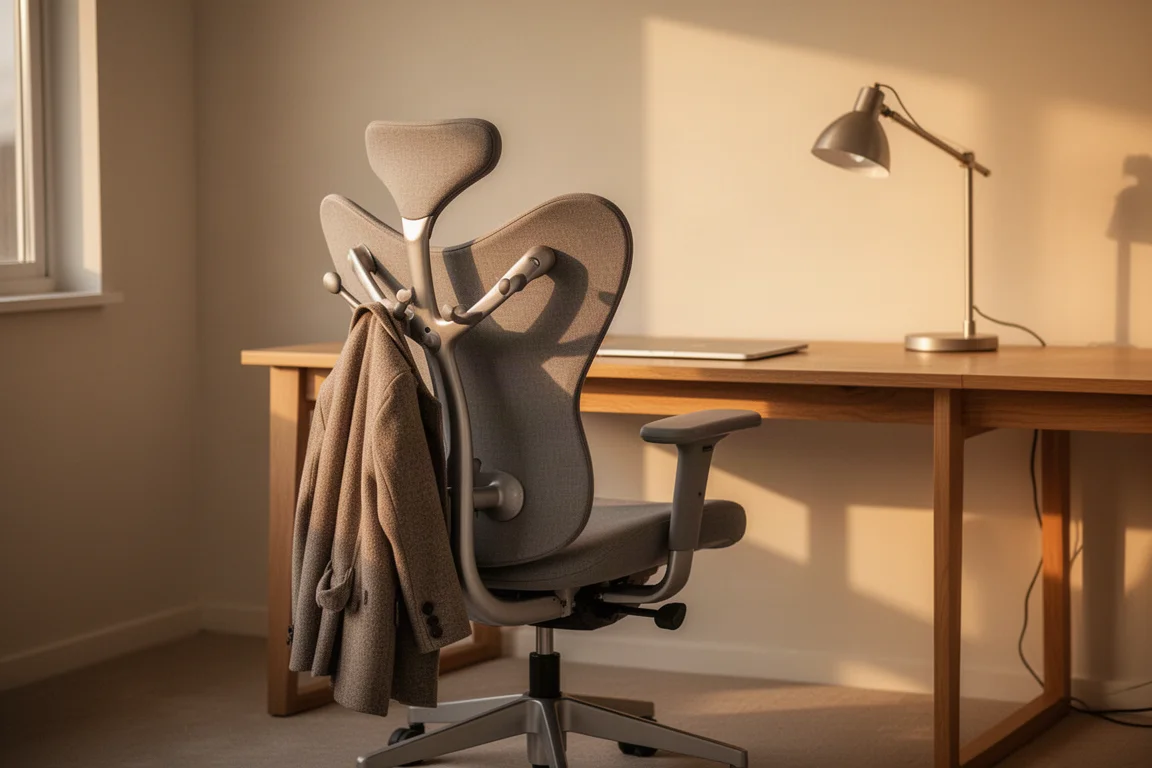 Person sitzt an einem Homeoffice-Schreibtisch in einem ergonomischen Bürostuhl mit verstellbaren Armlehnen