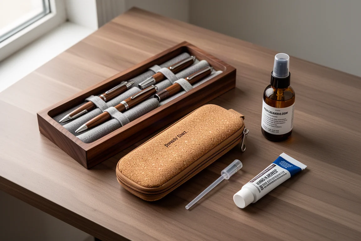 Walnut pen tray, cork pen case, and pen cleaning products arranged on a wooden desk