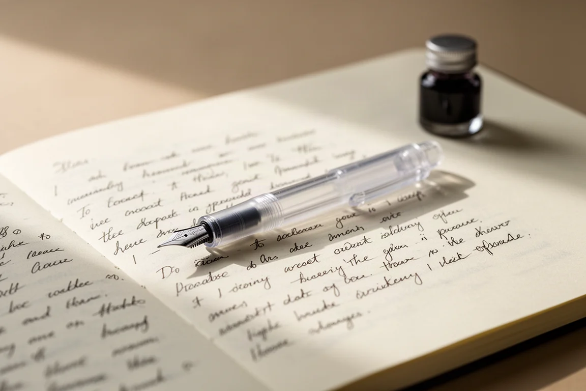 Beginner fountain pen resting on a notebook page with freshly written lines