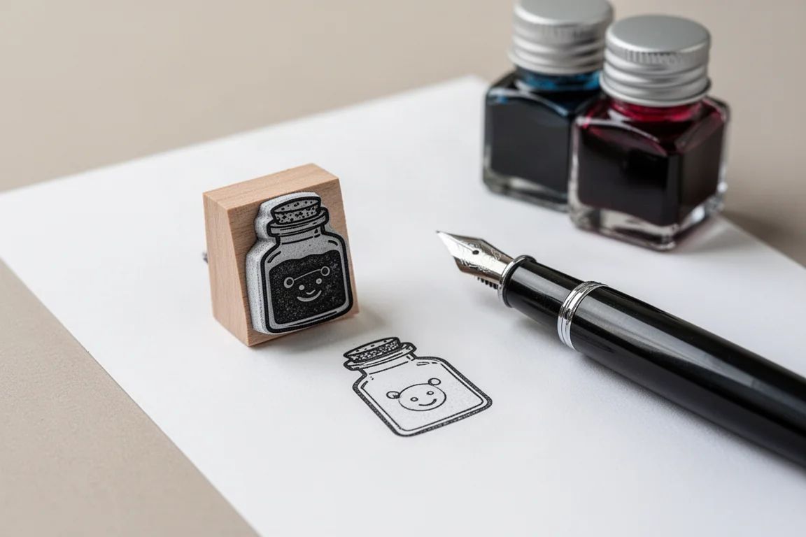Decorative rubber stamp pressing onto paper next to an ink bottle