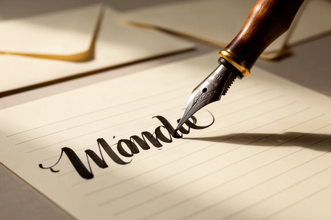 Calligraphy nib writing a bold expressive stroke in a journal