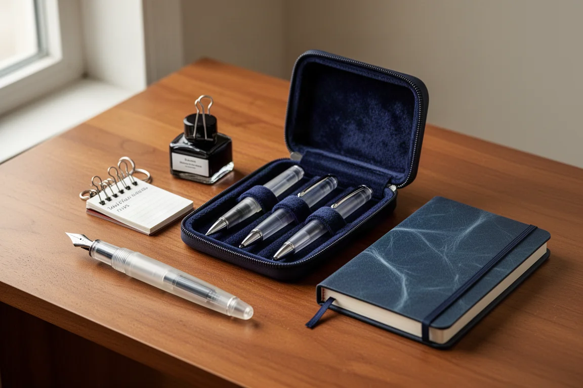 Flat lay of fountain pen gifts including a pen, ink swatch book, pen case, and notebook