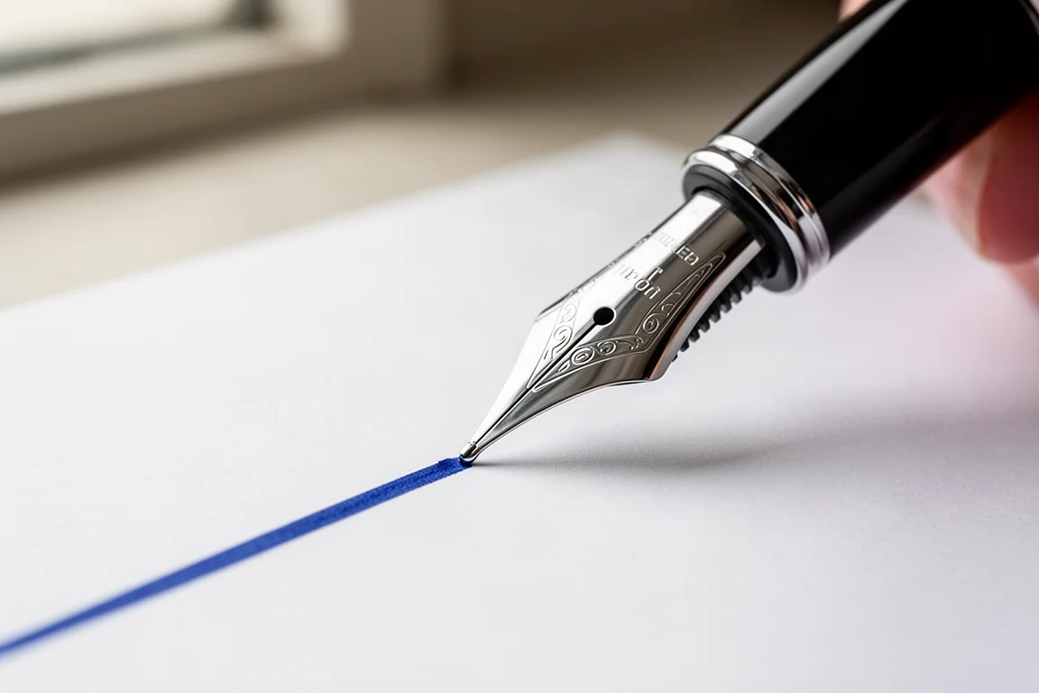 Ein Füllfederhalter schreibt mit leuchtend blauer Tinte auf weißem Papier