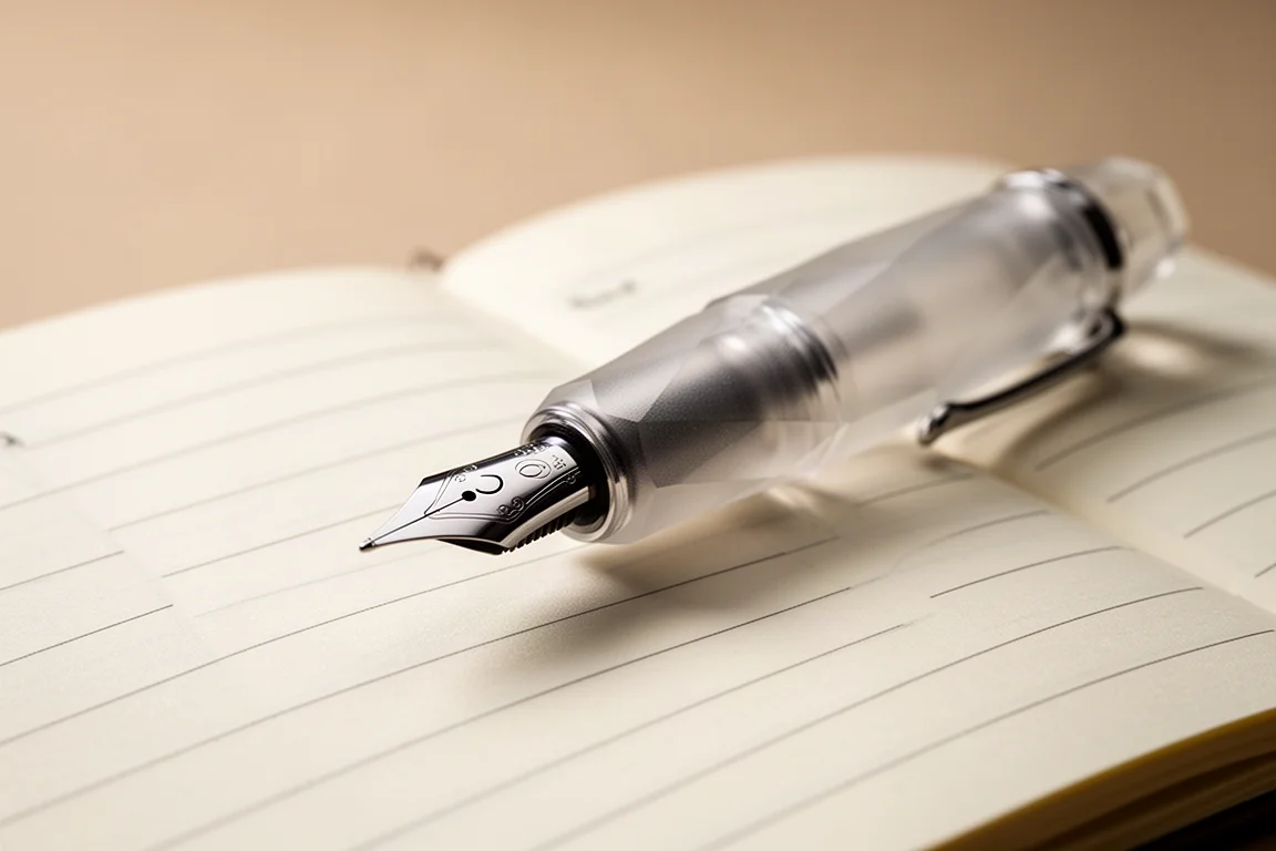 A cheerful transparent fountain pen with a smiling face nib resting on a notebook