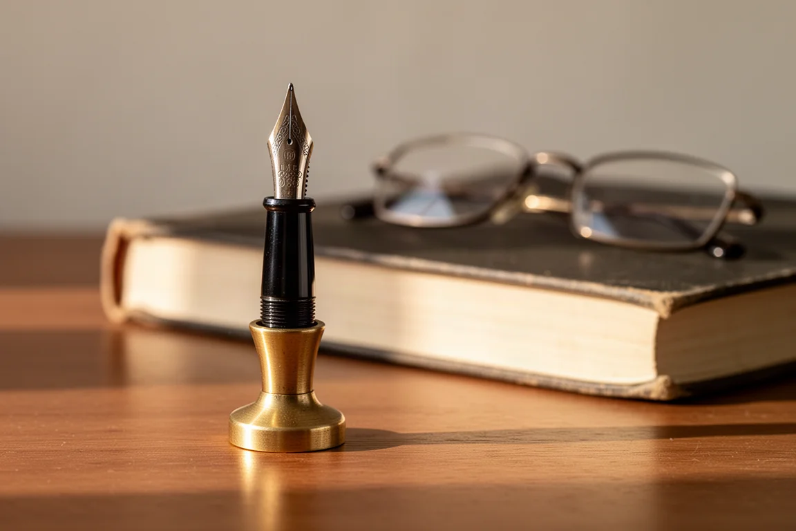Fountain pen nib held in a brass nib holder on a desk beside a book