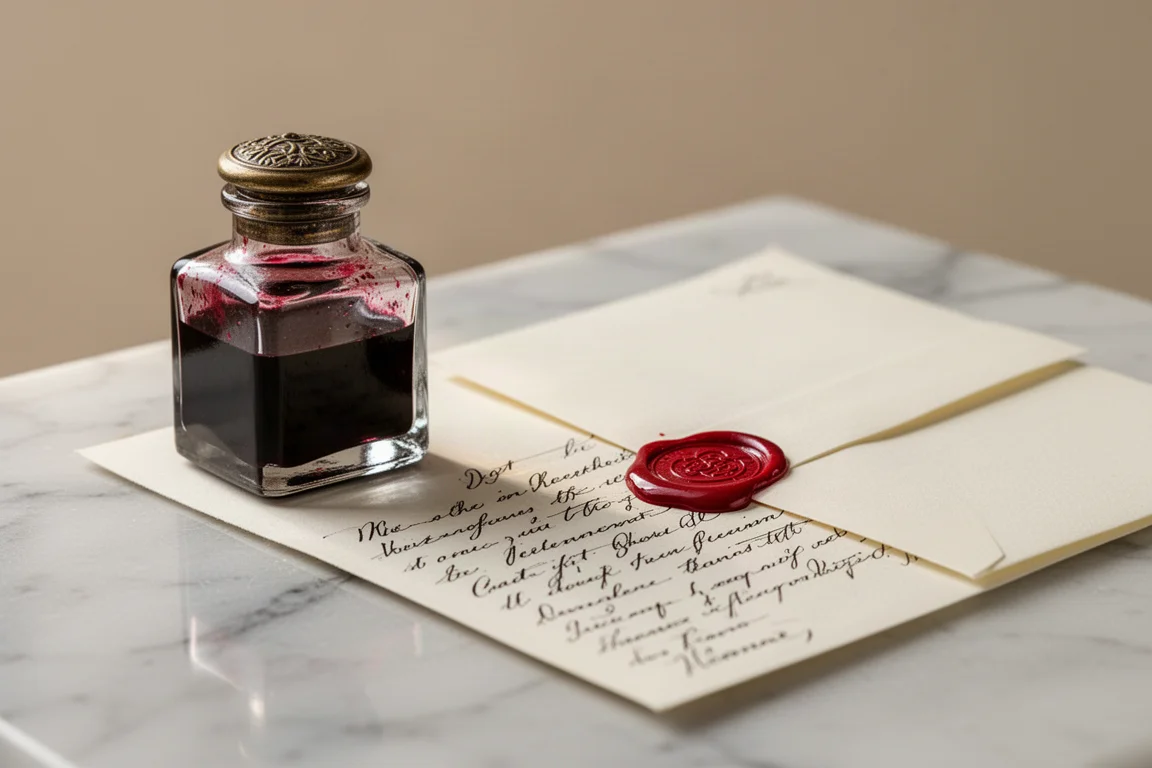 A tiny glass ink bottle with deep red ink beside a letter and wax seal