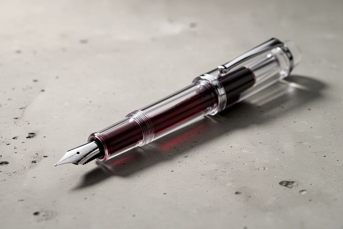 A transparent demonstrator fountain pen filled with dark red ink on a desk