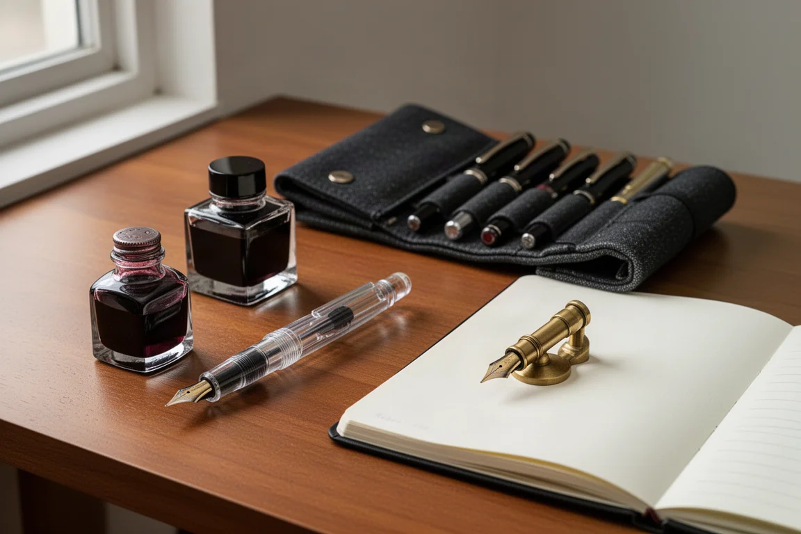 Composizione flat-lay di articoli regalo per penne stilografiche, con penna, calamo d'inchiostro, porta-penne e portapunte su una scrivania in legno