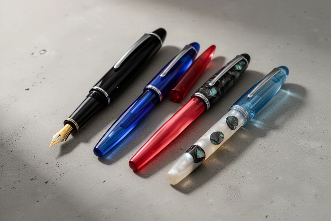 Cinque penne stilografiche allineate su una superficie di cemento opaco con luce soffusa