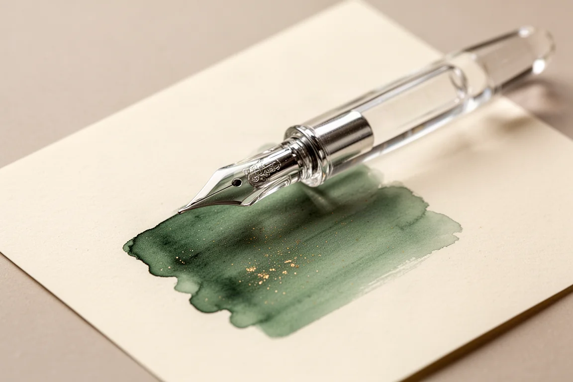 A glass dip pen resting beside a freshly drawn ink swatch on paper