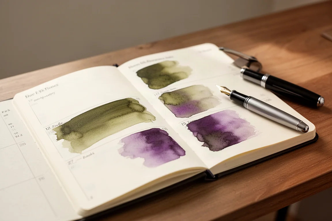 Open notebook with two-tone ink swatches drying on desk