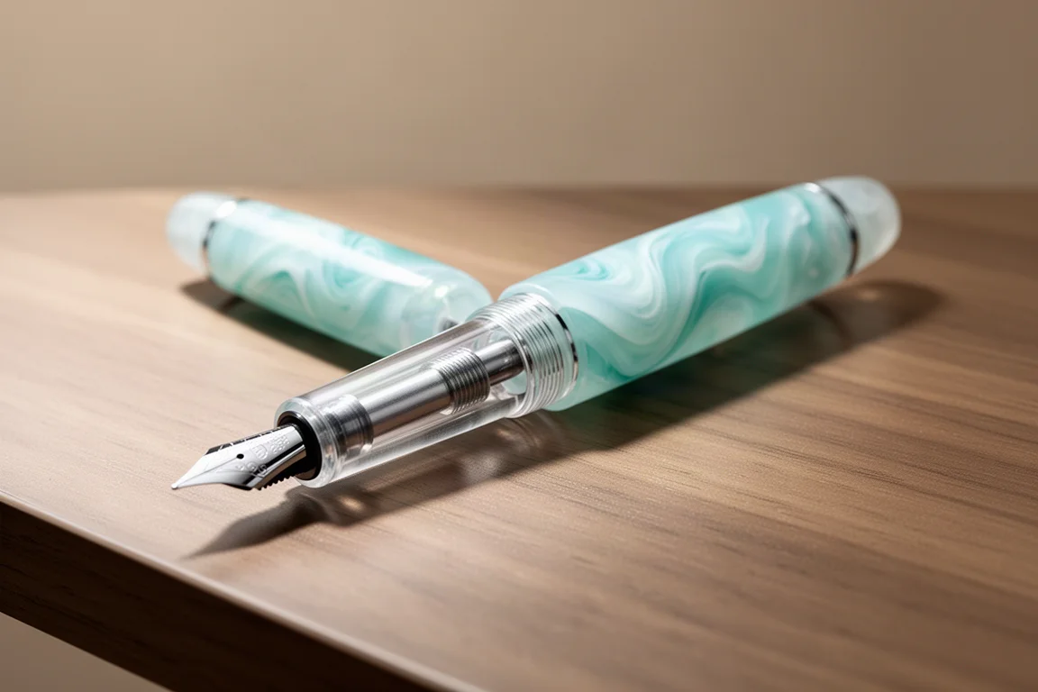 Fountain pen with translucent demonstrator body on desk