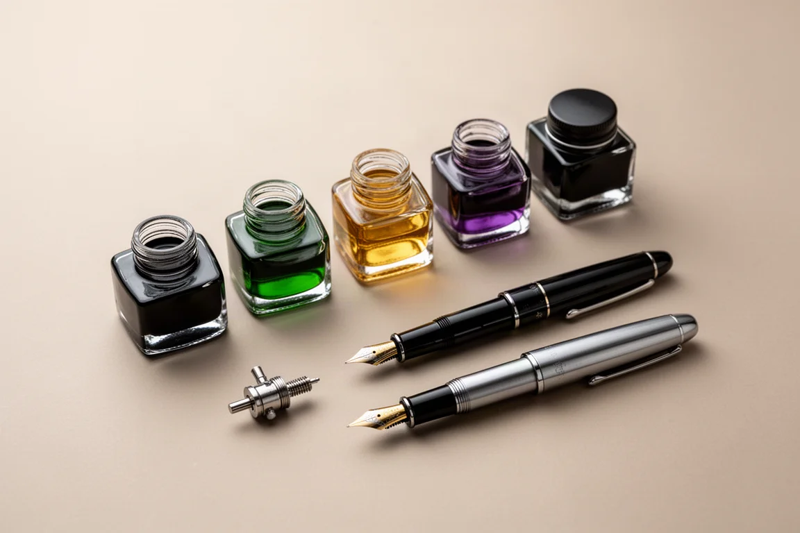 Hands-free flat-lay of ink bottles and pens neatly arranged
