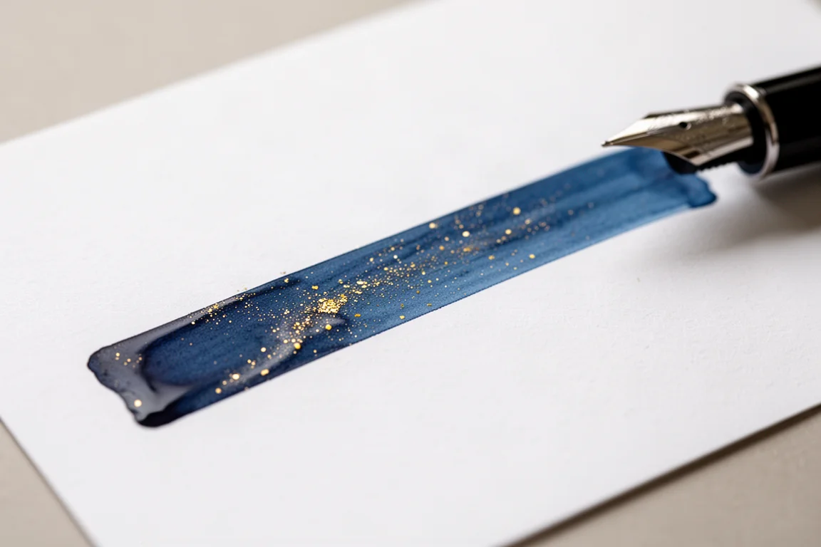 Blått bläck med guldglitter som torkar på vitt papper i en våt linje från pennen