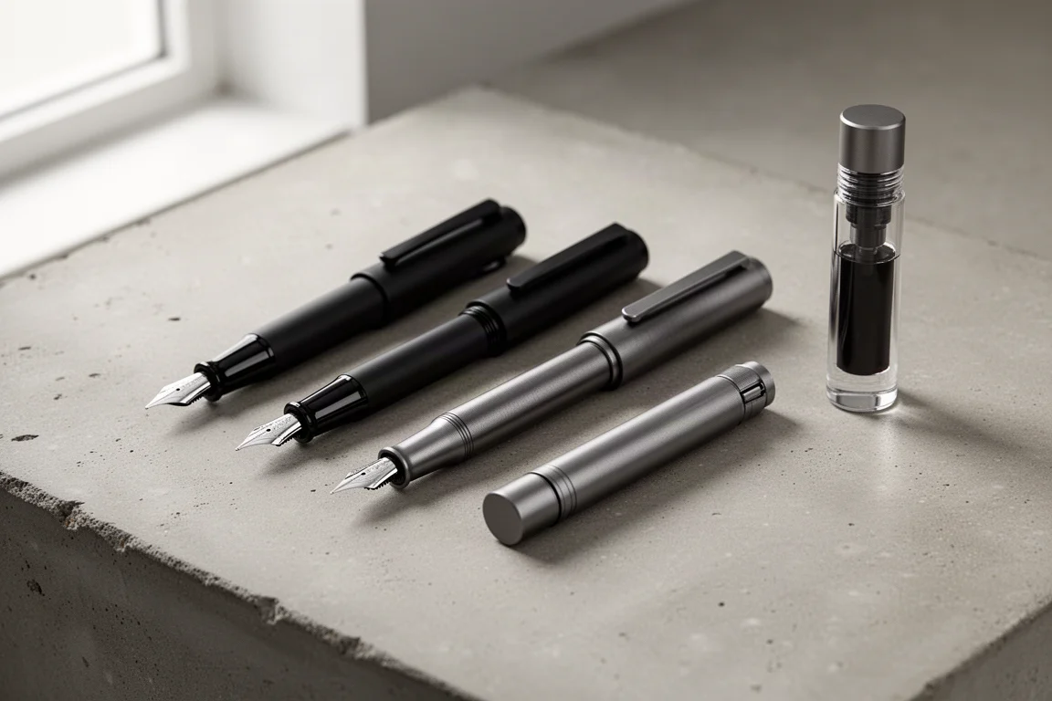 Four fountain pens and an ink bottle arranged on a matte concrete surface