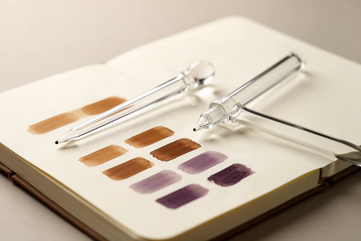 Pluma caligráfica de vidrio apoyada junto a una libreta de muestras con trazos de tinta recientes secándose