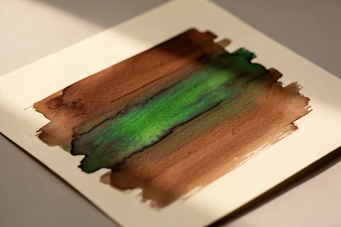 Muestra de tinta con brillo que muestra reflejos verdes bajo luz directa sobre papel