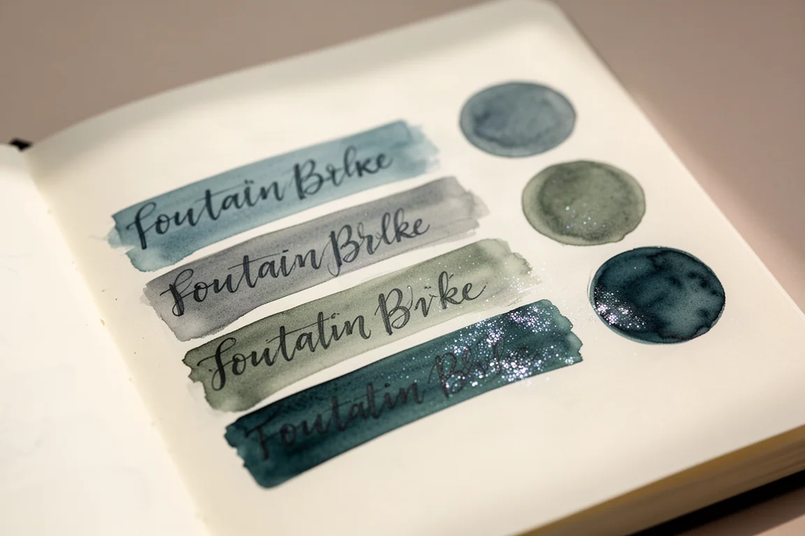 Muestras de escritura de tintas para pluma estilográfica en azul y verde apagados en una página de libreta
