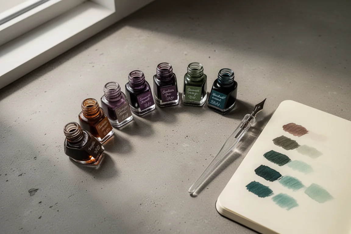 Tintenprobenfläschchen in gedeckten Farben neben einem Glasfederhalter und einem Notizbuch angeordnet
