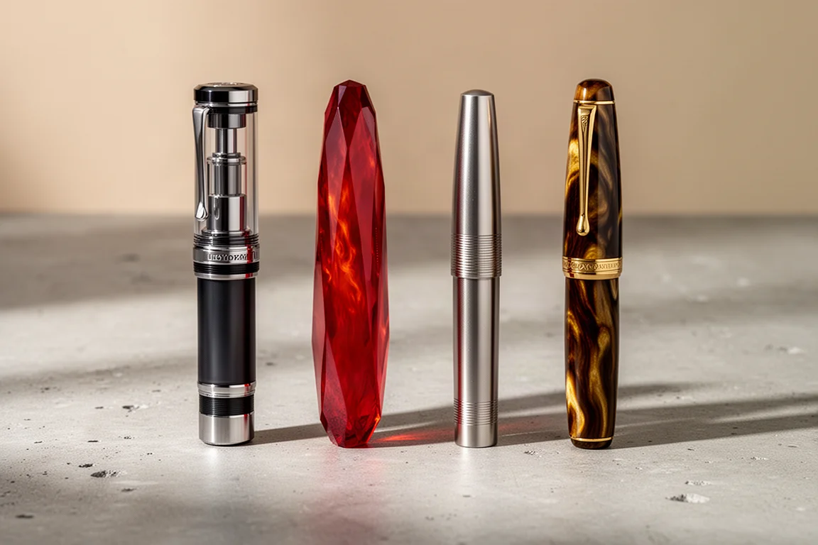 Four fountain pens in different materials arranged in a row on concrete