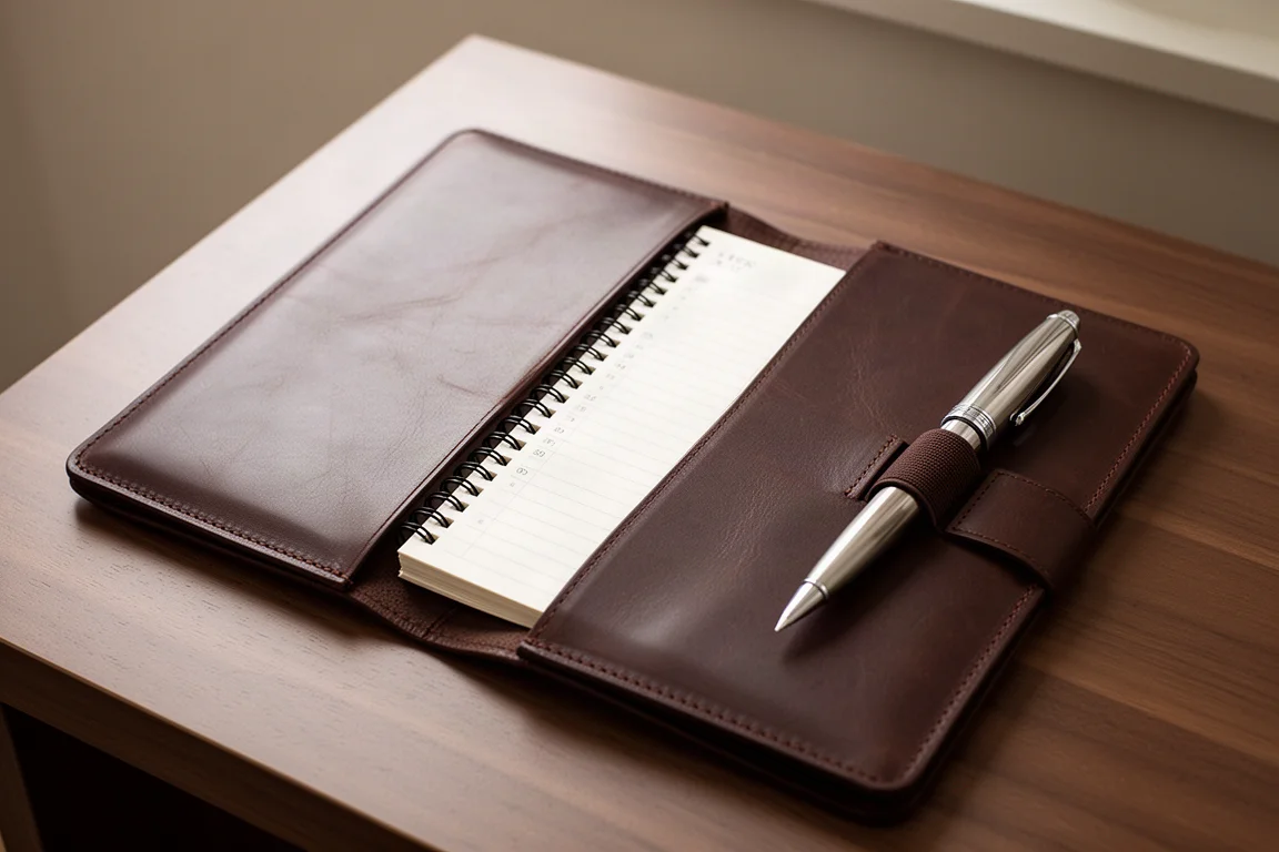 Portfolio en cuir ouvert à plat avec un carnet inséré et un stylo-plume dans la boucle