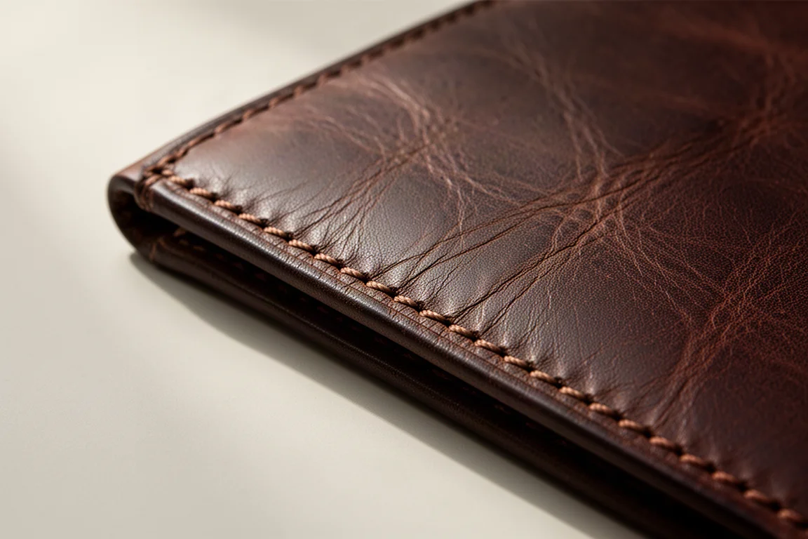 Gros plan sur les coutures soignées et la texture du grain du cuir sur le bord du portfolio