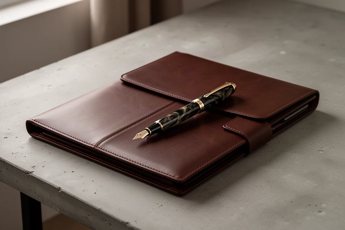 Portfolio fermé avec un stylo-plume posé dessus sur un bureau en béton
