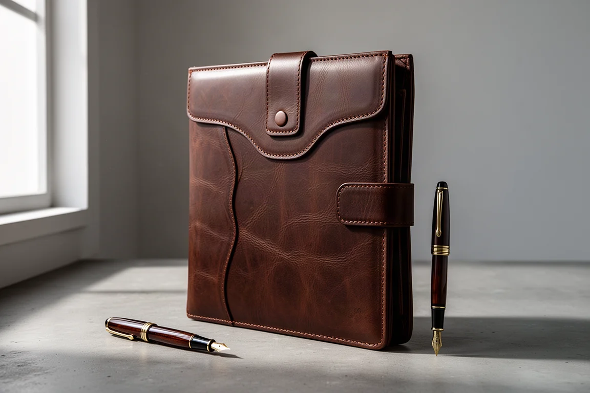 Custodia A4 in pelle di bufalo pieno fiore marrone scuro con una penna stilografica accanto