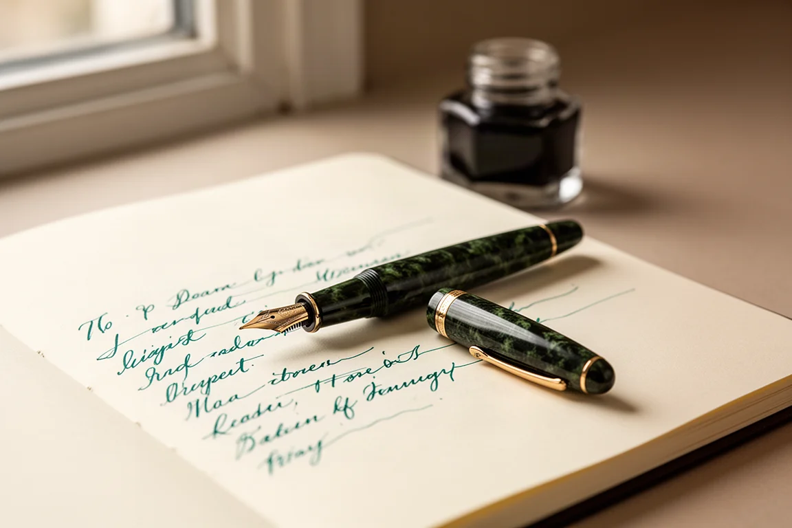 Caneta-tinteiro apoiada em um caderno aberto com amostras de tinta escritas à mão