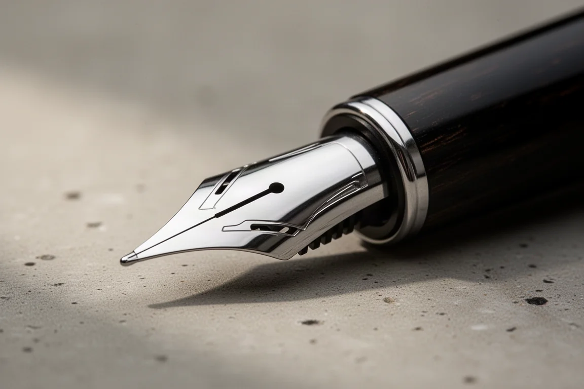 Close de um nib de caneta-tinteiro e alimentador de ebonite sobre a mesa