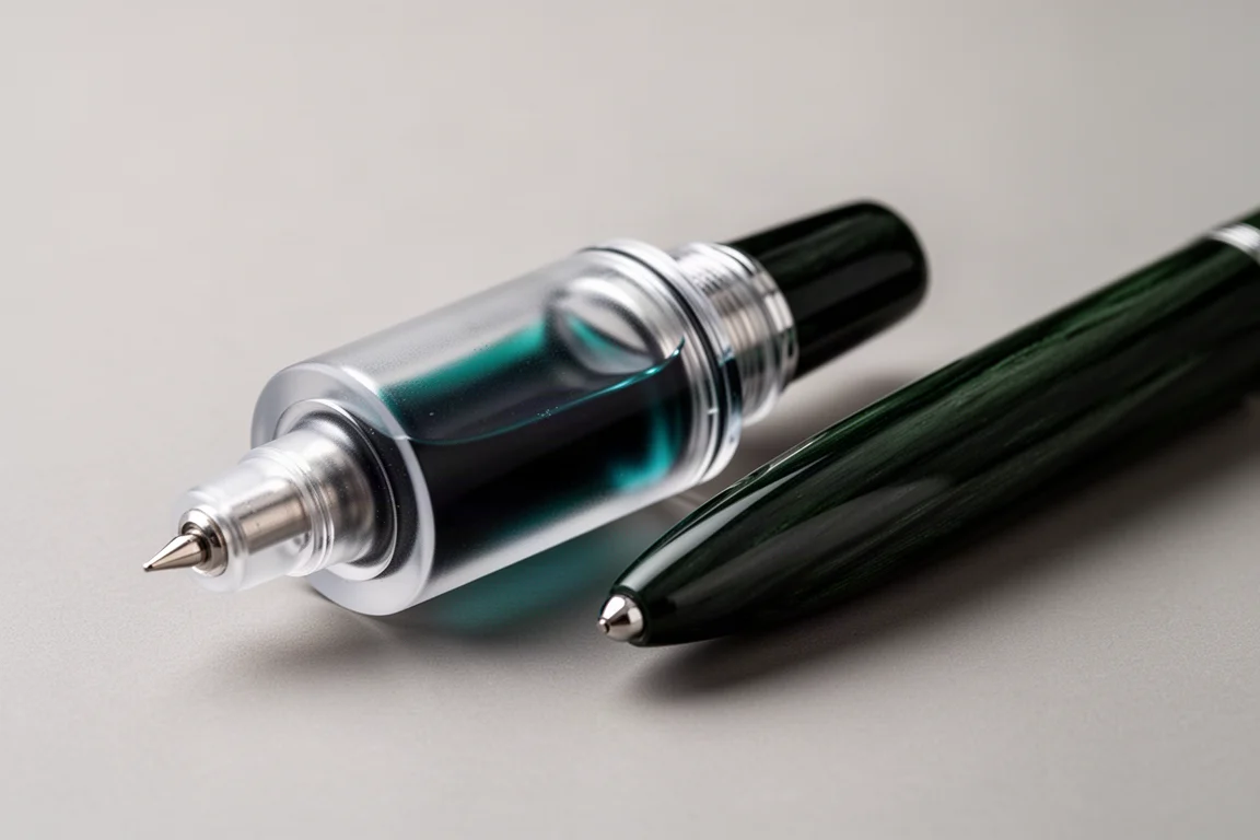 Conversor de grande capacidade cheio de tinta azul-esverdeada ao lado do corpo da caneta
