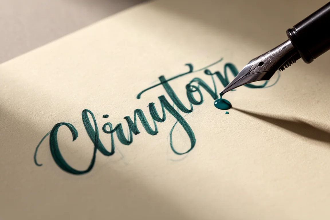 Variação de linha flex escrita à mão em tinta azul-esverdeada sobre papel creme