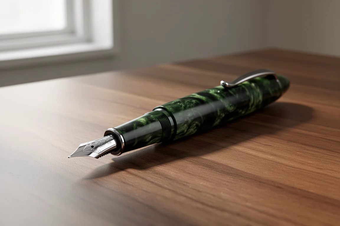 Penna stilografica in ebanite verde screziata con pennino in acciaio su una scrivania di legno
