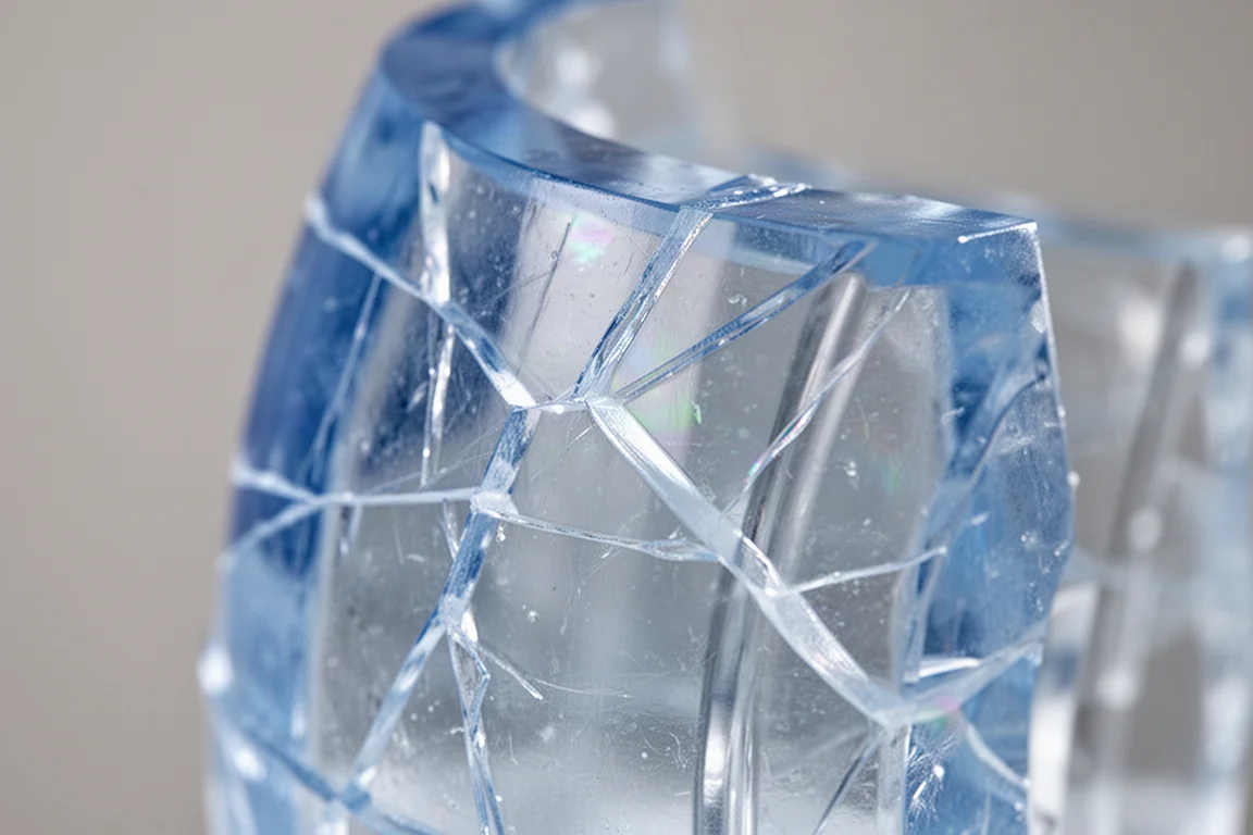 Blauwe cracked ice-acrylbody die diepte en lichtspeling laat zien