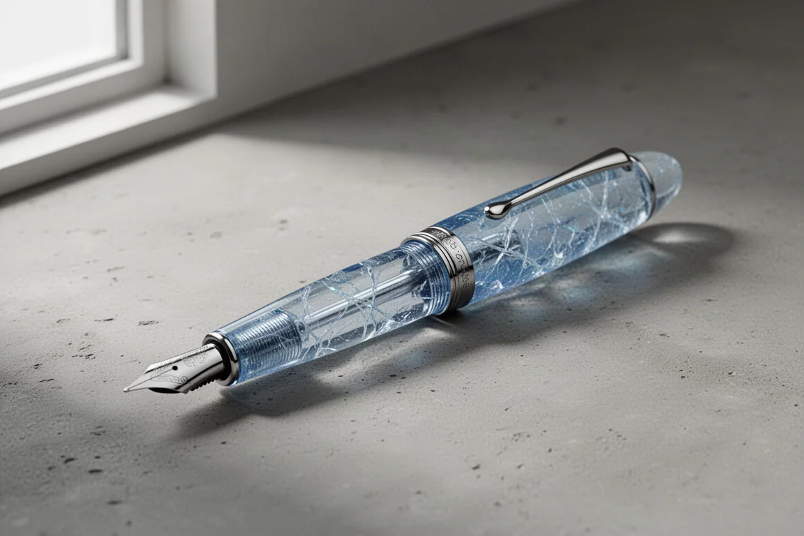 Fountain pen with blue cracked ice acrylic body lying on concrete