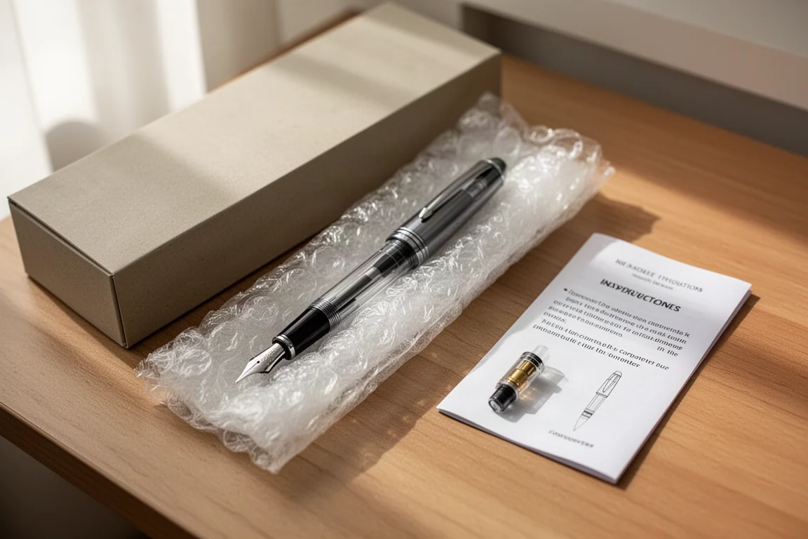 Handen die een ingepakte vulpen uitpakken met beschermende verpakking op een bureau