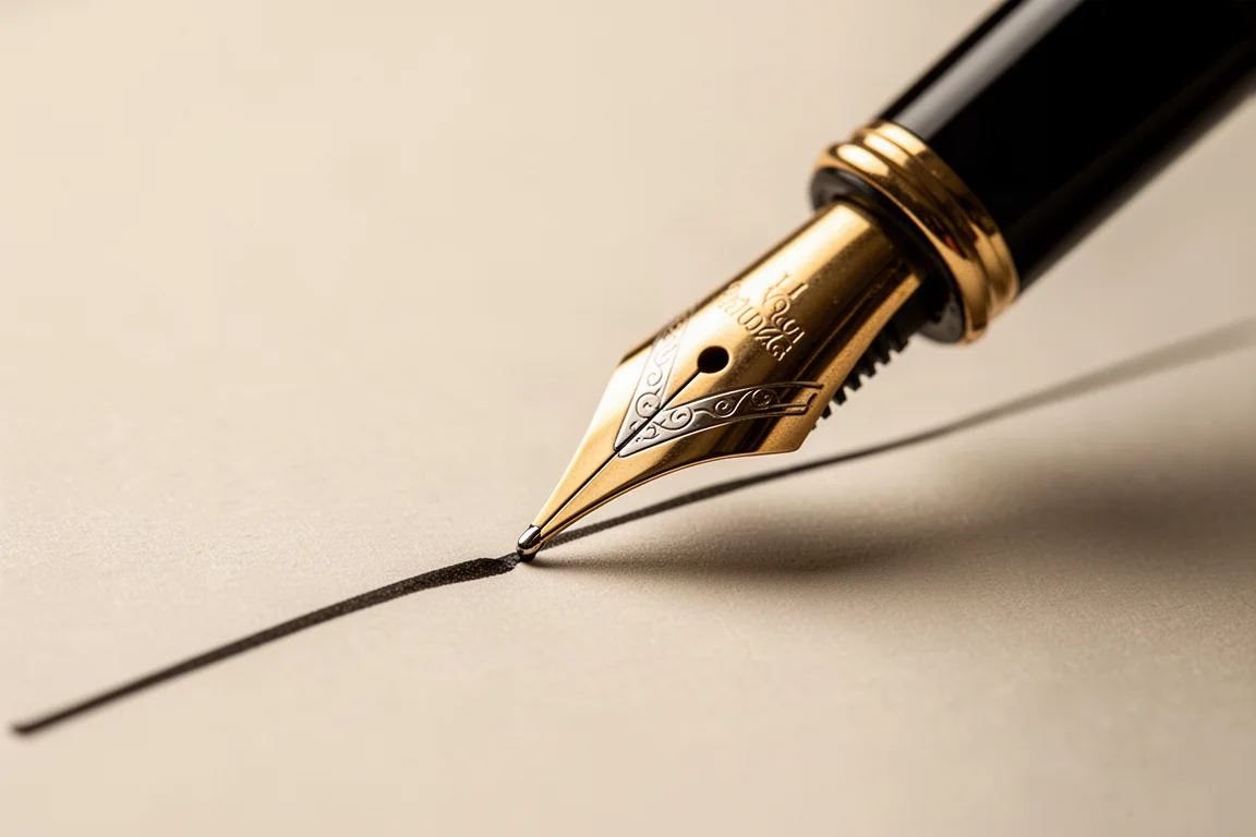 Close-up van een vulpenpunt met glinsterende inkt op het papier