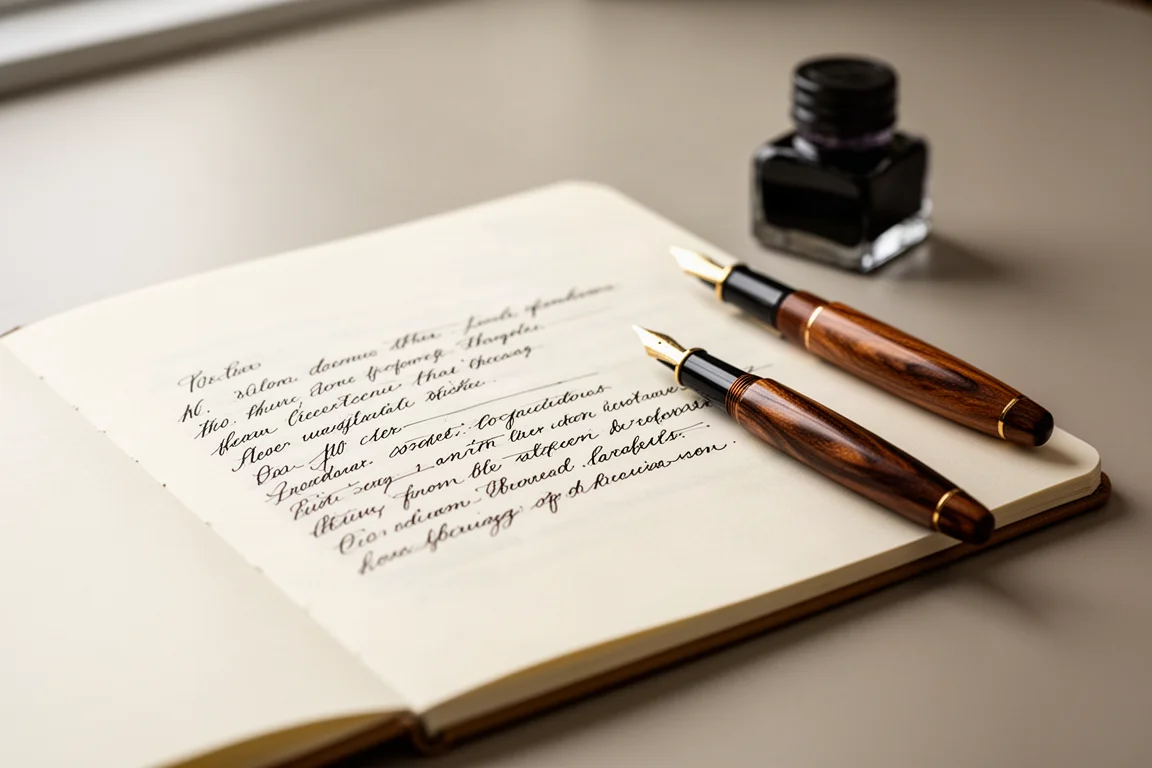 Handgeschreven journaalpagina met een vulpen ernaast liggend