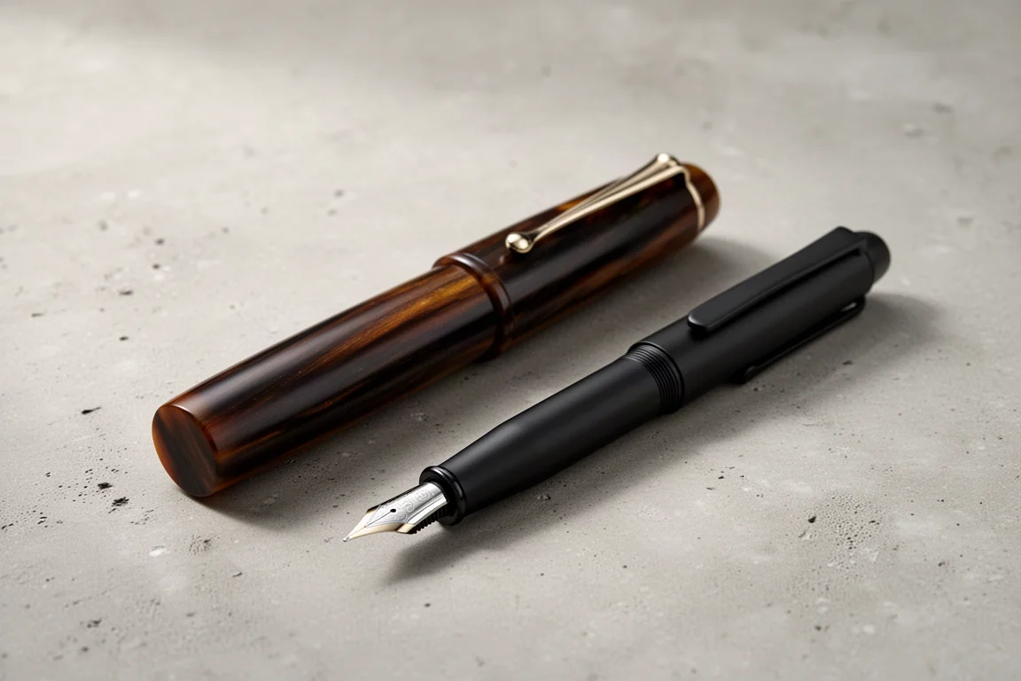 Ebonite Fountain Pen Revolution Madras and matte black Pilot Vanishing Point on concrete surface